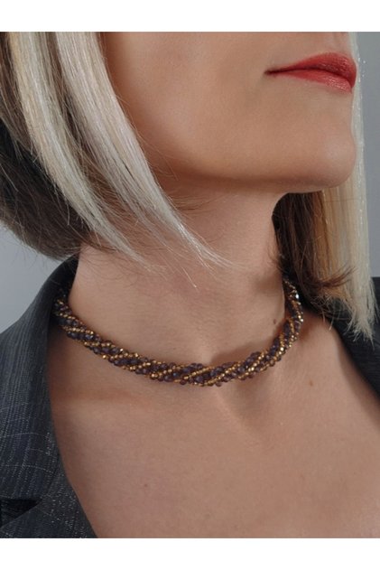 Etnik Bohem Sarmal Dönmeli Model Kristal Sarı Gold Boncuk Kolye