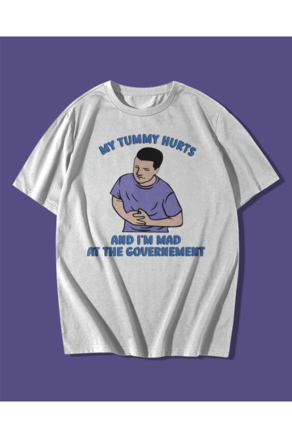 My Tummy Hurts Yazılı Sarkastik Temalı Beyaz Oversize Unisex T-shirt Tişört Tee