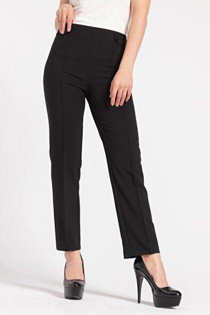 Jument Kadın Yüksek Bel Önü Dikişli Beli Apoletli Düğmeli Boru Paça Kumaş Pantolon-siyah - 6