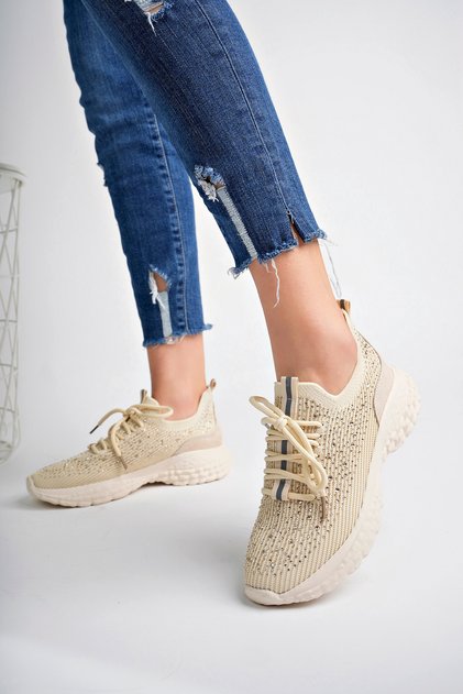 Women's White Stone Knitwear Sneakers (Order One Size up)