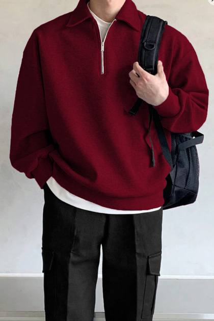 Vio BelleErkek Gömlek Yaka Oversize Yarım Fermuarlı Sweatshirt