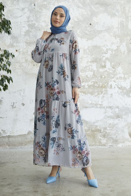 Floral Chiffon Dress with Lace Collar - Gray