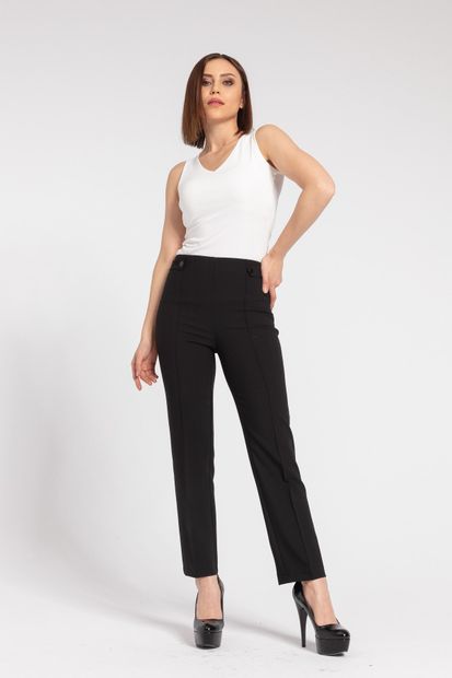 Jument Kadın Yüksek Bel Önü Dikişli Beli Apoletli Düğmeli Boru Paça Kumaş Pantolon-siyah - 4