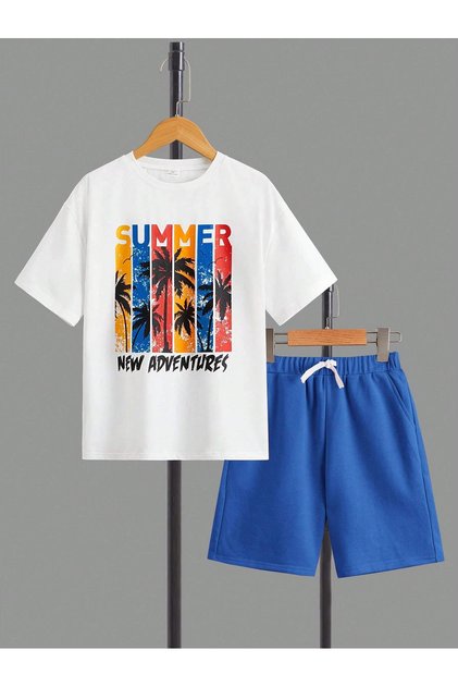 Set unisex pentru copii, bluză, pantaloni scurți și pantaloni scurți, cu imprimeu de vară colorat, alb- albastru cobalt