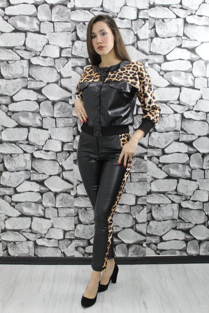 Women's Mink Leopard Pattern Buttoned Jacket Pocket Zippered Leopard Pattern Trousers Leather Bottom-Top Set