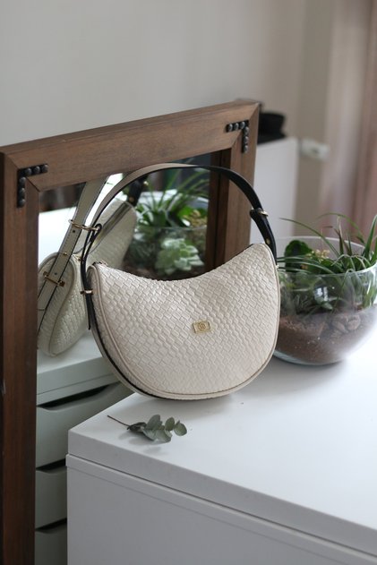 Women's Cream Knitted Patterned Double Strap Shoulder Bag