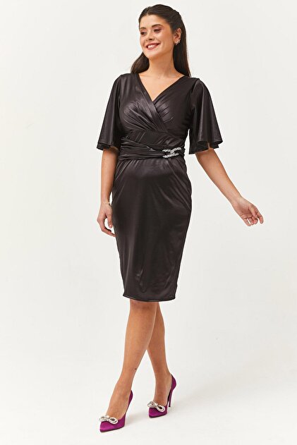 black plus size graduation dresses TIANEK Slim Midi Summer Dress 2023 for Women, V-Neck, Short Sleeve, Black, Wedding & Special including off the shoulder and one shoulder dresses Ebsumu Women's Plus Size Sash