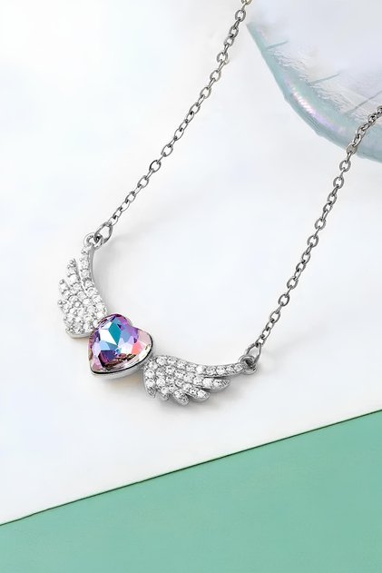 Non-Tarnish Purple Heart Zircon Stone Wing Silver Steel Necklace