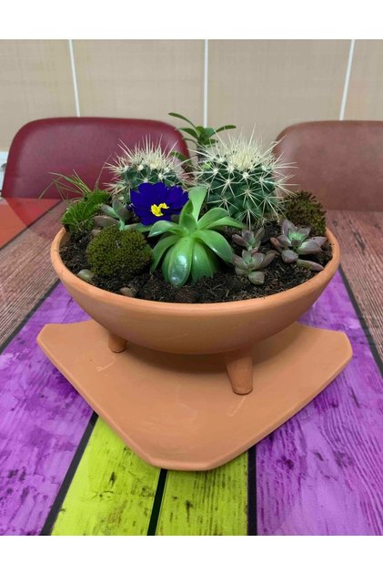 20cm Ayaklı Tabaklı Doğal Terleyen El Yapımı Çömlek Toprak Saksı No.131