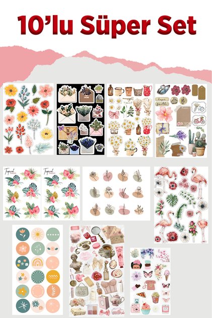 10 Sayfa Çiçek ve Vintage Sticker Set-Planner Ajanda Bullet Journal Için Uygun Set