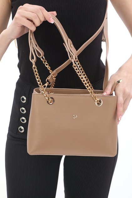 Skin Colored New Season Women's Bag with Gold Chain Strap and Plenty of Eyelets