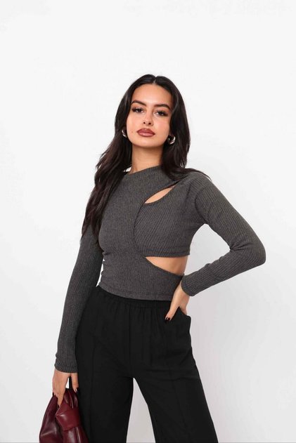 SHILSEE WOMEN'S DARK ANTHRACITE LONG SLEEVE WITH WINDOW DETAIL BLUZ