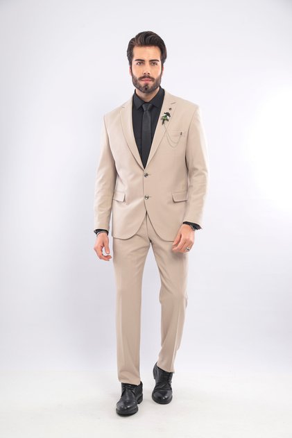 Men's Beige Slim Fit Mono Collar Straight Suit (with Gift)