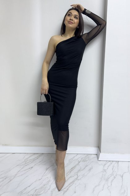 Women's Black Patterned One-Shoulder Tulle Lycra Plus Size Dress
