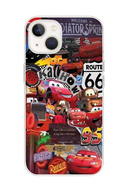 Iphone 15 Uyumlu Şimşek McQueen Kolaj Tasarımlı Şeffaf Telefon Kılıfı