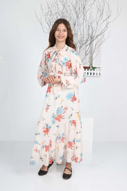 Girls' Lined Full Length Patterned Non-See-Through Elegant and Comfortable Dress
