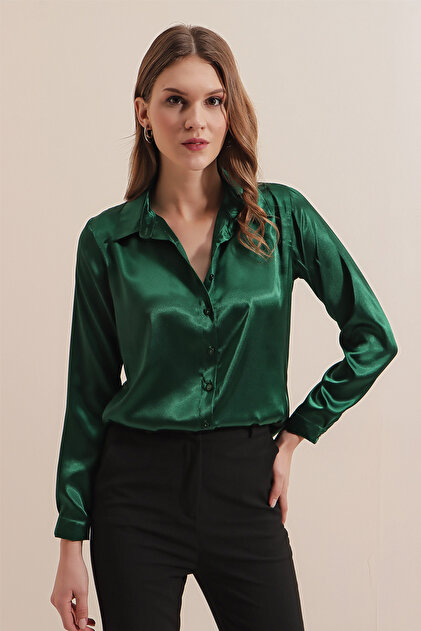 Bigdart 3964 Lightly Flowing Satin Shirt - Emerald Green- Trendyol