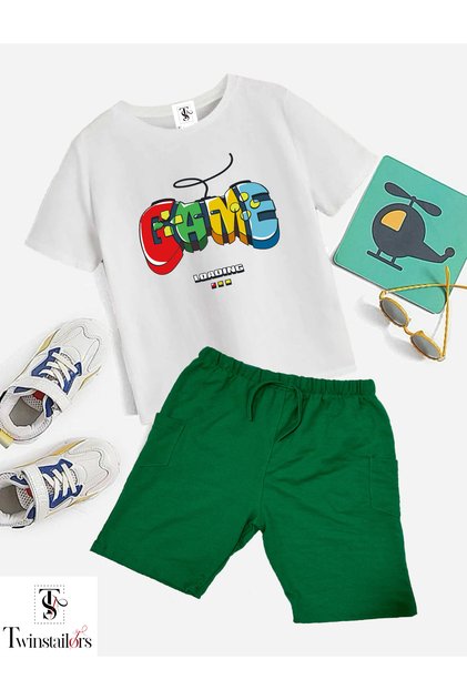 Game Printed White-Green Unisex Summer Bottom Top Children's Set