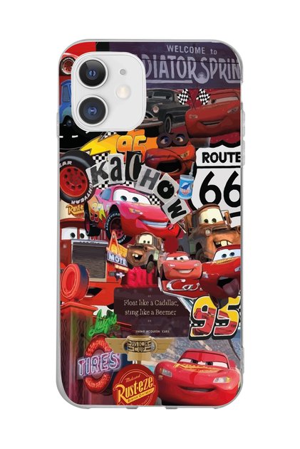 Iphone 11 Uyumlu Şimşek McQueen Kolaj Tasarımlı Şeffaf Telefon Kılıfı