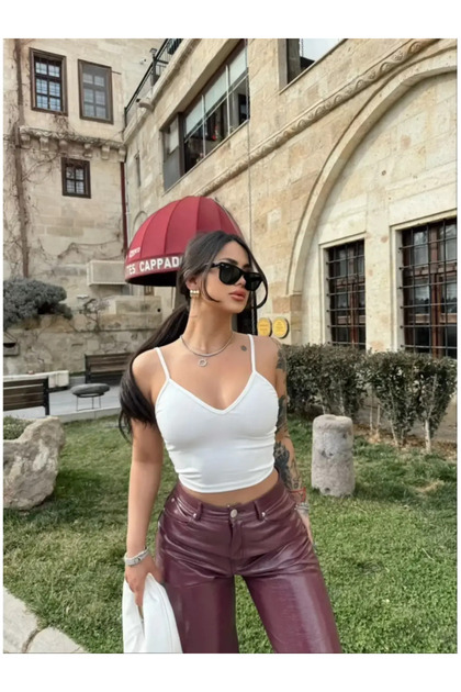 Kadın Scuba Kumaş V Yaka Ip Askılı Crop Top