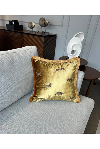Dekoratif Leopar Desenli Kırlent Kılıfı - Özel Tasarım Gold Kadife Yastık Kılıfı
