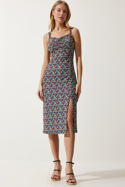 Women's Blue Green Double Strap Patterned Knitted Dress MC00262
