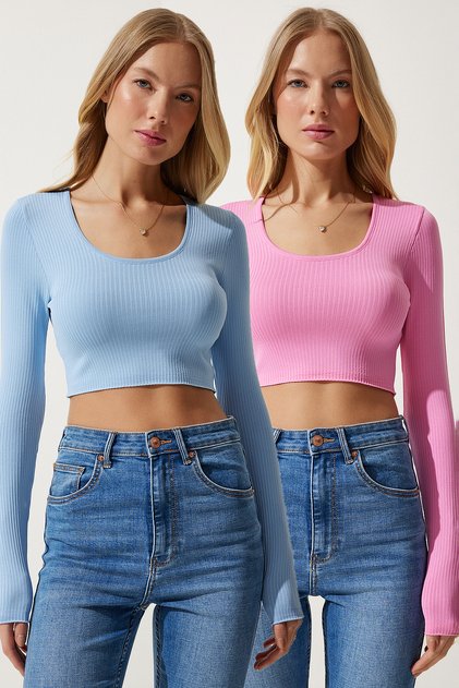 Women's Sky Blue Pink U-Neck Ribbed 2-Pack Crop Knitwear Blouse PF00069