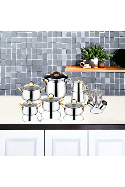 İnter Çelik Hanzade Pratik ve Cam Kapaklı 18 Parça Çeyiz Seti Gold