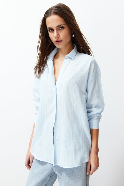 Blue Oversize Wide Fit Textured Woven Shirt TWOSS24GO00116