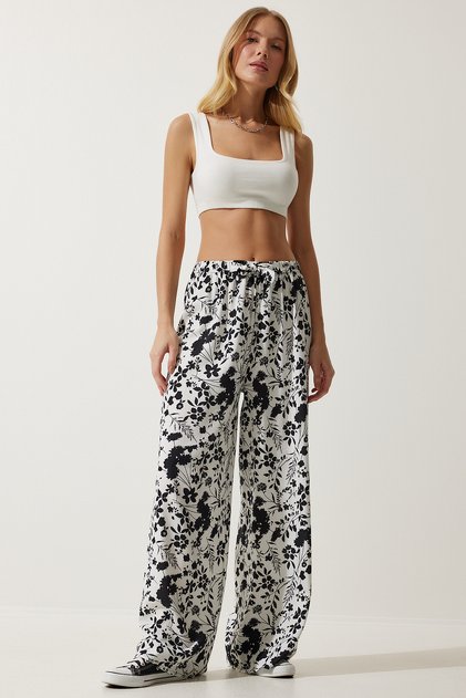 Women's White Patterned Flowing Viscose Palazzo Trousers EN00606