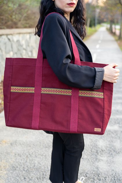 Canvas Shoulder Bag Waterproof Fabric Oversized Claret Red Color