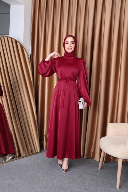 Balon Kol Saten Tesettür Oversize Biye Kuşaklı Tesettür Elbise