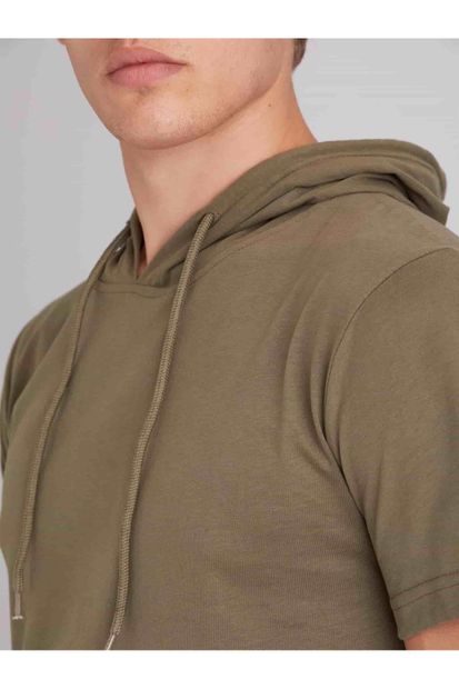 Dufy Haki Erkek Modern Fit Düz Pamuklu Kapüşonlu Tshirt - 65385 - 2