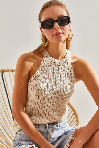 Women's Cream Openwork Ribbed Knitwear Blouse 20246049