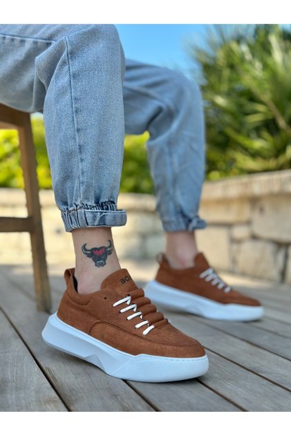 BA0332 Ladder Pattern Lace Up Men's High Sole Tan Suede White Sole Sports Shoes