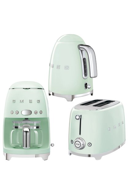 50's Style Pastel Yeşil Kettle - 1x2 Ekmek Kızartma Makinesi Ve Filtre Kahve Makine Seti