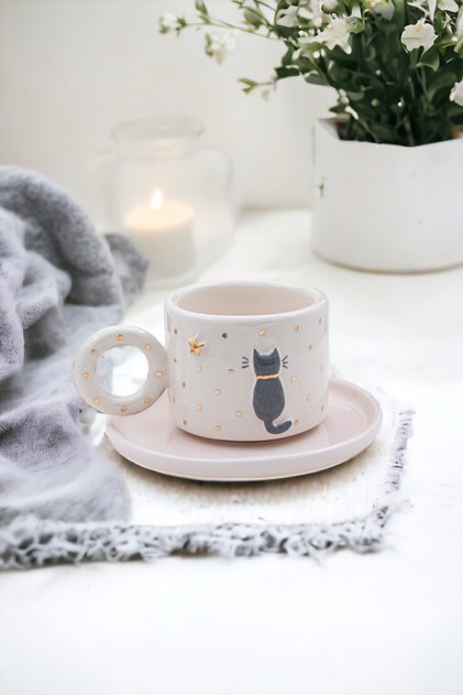 Cat Series Cat Patterned Gold Detailed Handmade 100 ml Turkish Coffee Cup and Saucer
