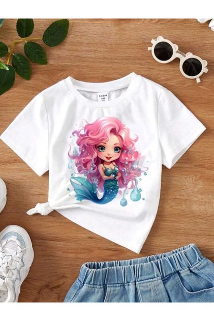 STYLE-X MERMAID PRINTED BICYCLE NECK 100% COTTON KIDS TSHIRT