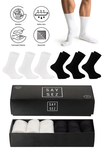 Bamboo Men's Socket Long Plain Black-White Assortment Socks Seamless Premium Boxed Pack of 6