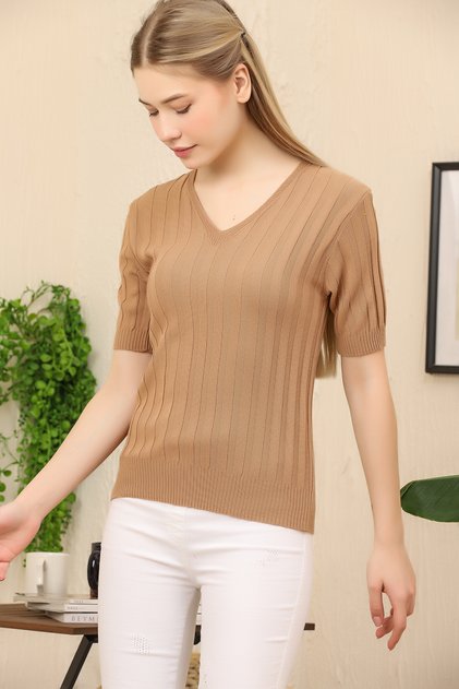 V-Neck Short Sleeve Ribbed Summer Stretchy Knitwear Badi Blouse