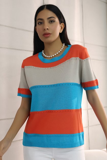 Bicycle Round Neck Short Sleeve Openwork Hollowed Color Block Summer Stretchy Knitwear Blouse