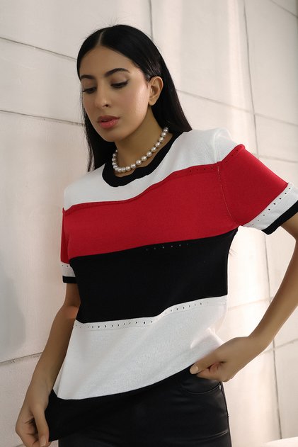 Bicycle Round Neck Short Sleeve Openwork Hollowed Color Block Summer Stretchy Knitwear Blouse