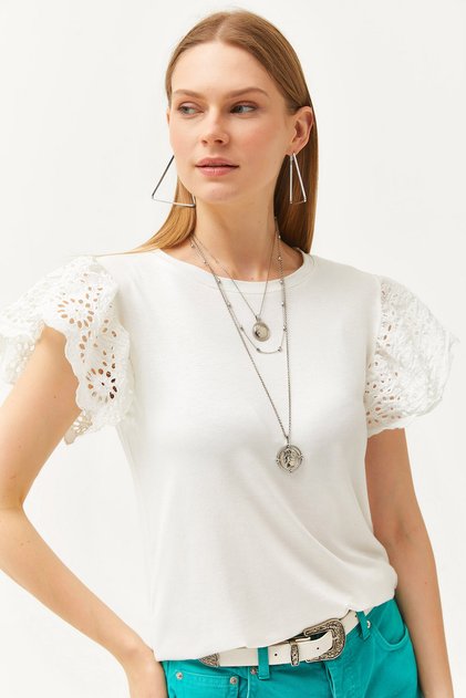 Women's Ecru Sleeve Scalloped Knitted Viscose Blouse BLZ-19002553