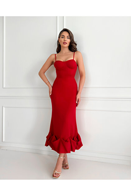 ESRAHELVACI Red Bottom Frilly Fitted Dress- Trendyol