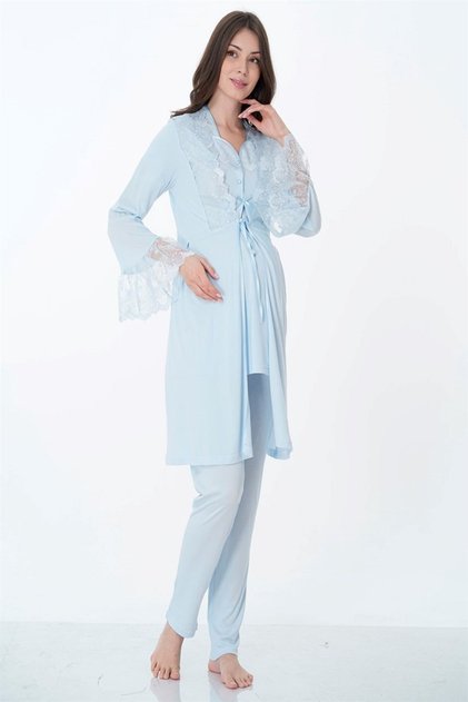 Women's Blue Summer Lacy Cotton Maternity Maternity Dressing Gown Pajamas Set 3 Pieces
