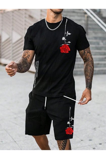 Black Men's Oversize Rose Flower Lettering Design T-Shirt-Shorts Set