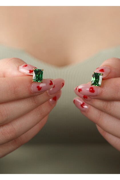 Emerald Küpe 925 Ayar Gümüş Üzeri Altın Kaplama Küpe, Yeşil Taşlı Küpe. Zümrüt Küpe Gümüş