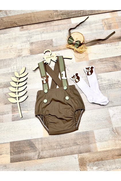 Baby Boy Brown Mold Green Romper Squirrel Concept 1 Year Old 2 Year Old Birthday Costume