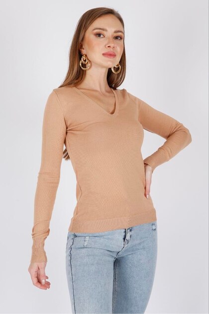 V-Neck Long Sleeve Solid Color Fit Cut Summer Knitwear Blouse