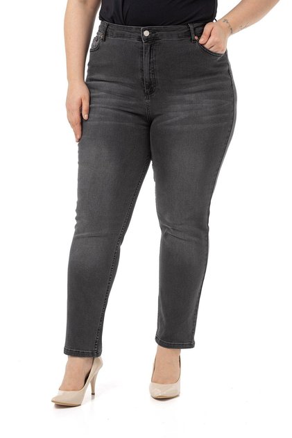 Large Size High Waist Narrow Leg Anthracite Denim Trousers